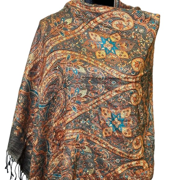 Unbranded Scarf Womens Rectangle Cashmere Orange Turquoise Boho Floral Fringe - Picture 4 of 11